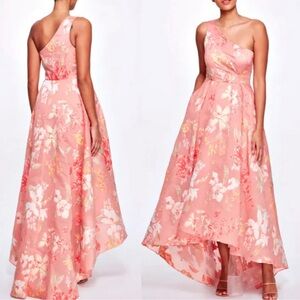 Marchesa Notte Floral Jacquard One Shoulder Hi-Lo Gown in Peach
